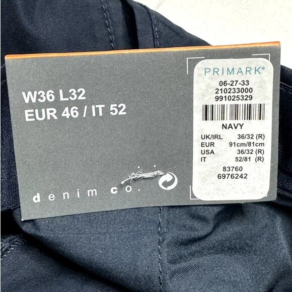 NWT PRIMARK NAVY BLUE MENS STRETCH SLIM CHINO PANTS 36" WAIST X 32" INSEAM - Picture 7 of 12